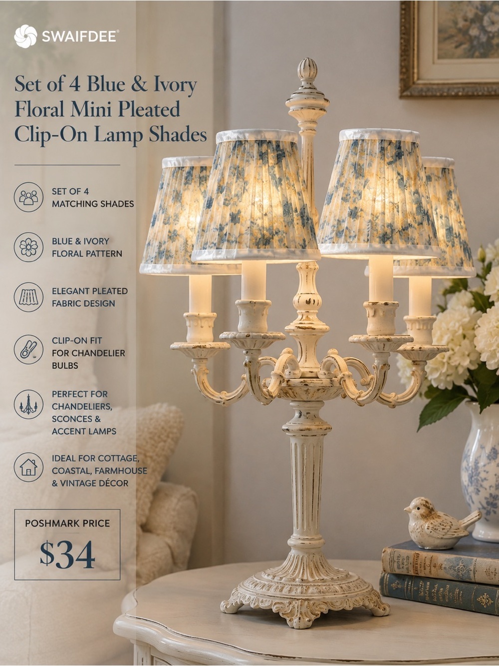 Set of 4 Blue & Ivory Floral Mini Pleated Clip-On Chandelier Lamp Shades Cottage